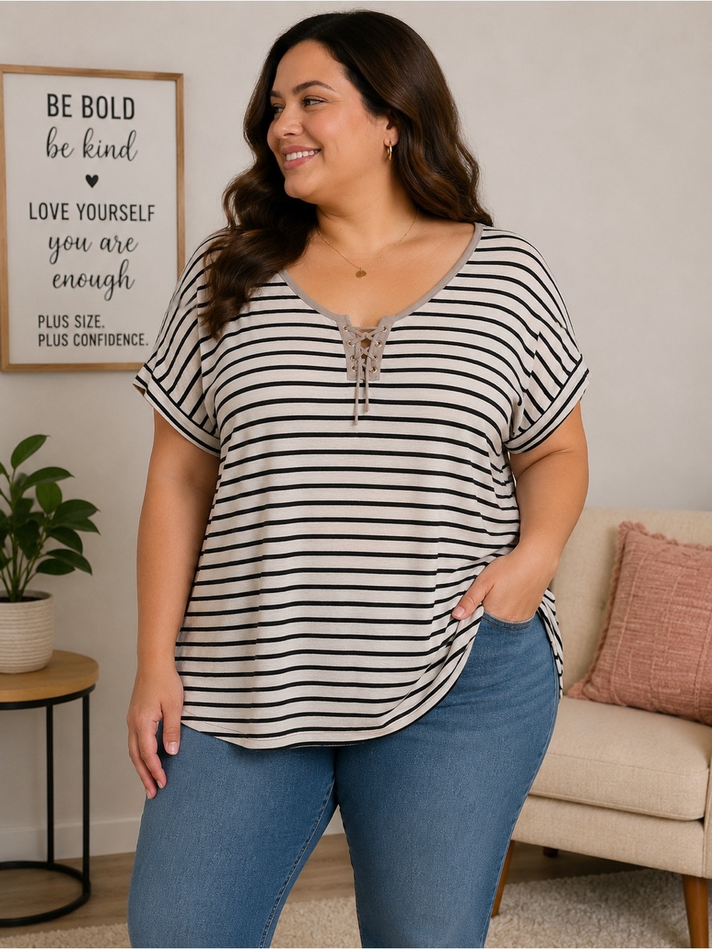 mySTYLE Lace-Up Striped Top – Women’s Plus Size 2X 100%cotton